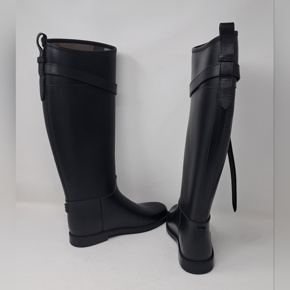 Burberry Women's Rain Boots Knee High Equestrian Black Belt Italy 36 EU 6 US - Picture 9 of 13